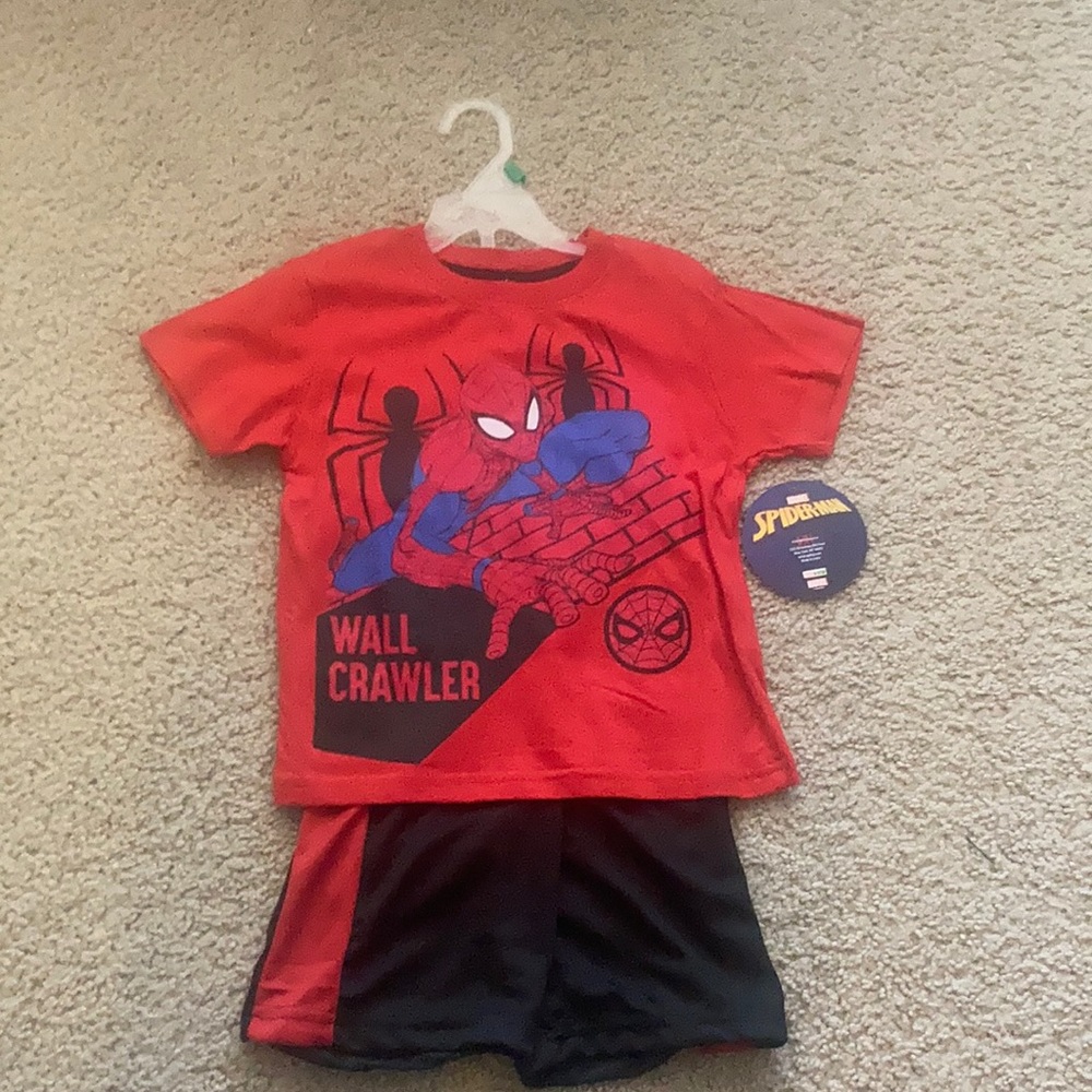 Spider-Man matching shorts and short sleeve top.